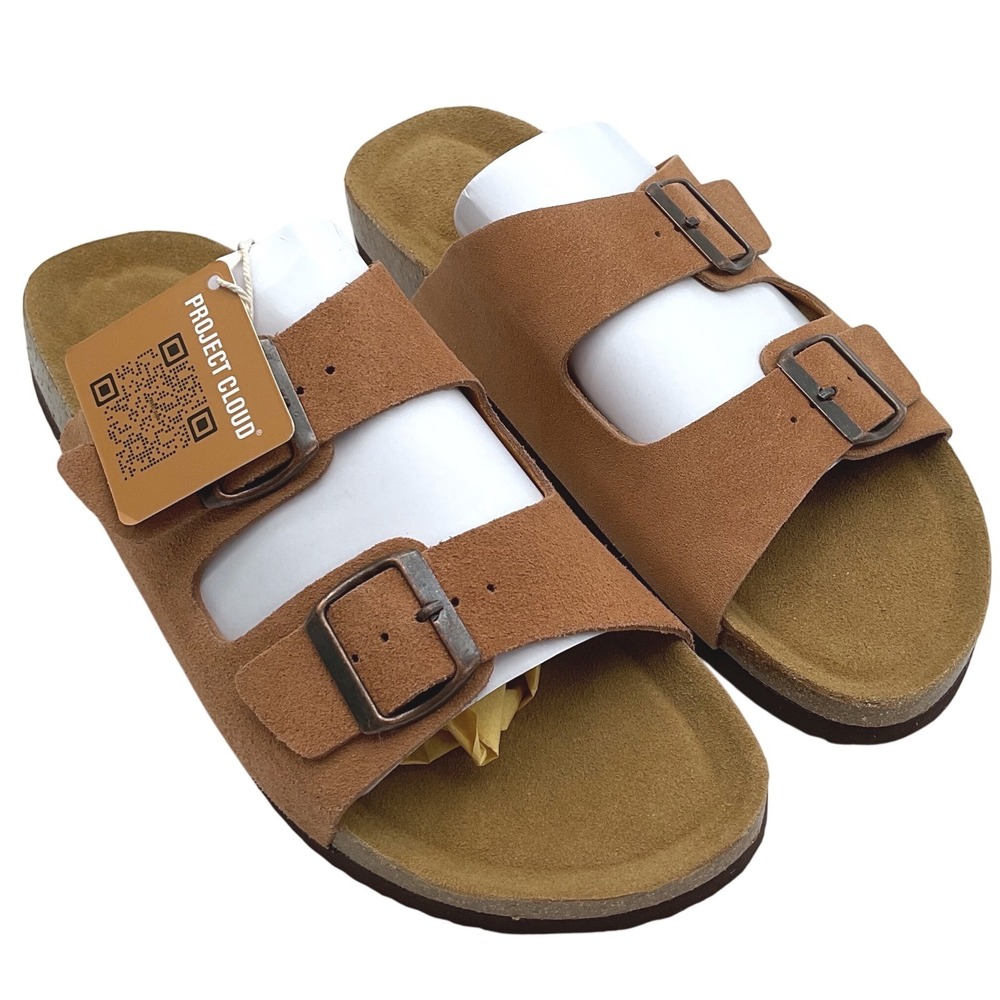 Project Cloud Mens Two Strap Slide Sandals Tan Suede Memory Foam Footbed Size 10